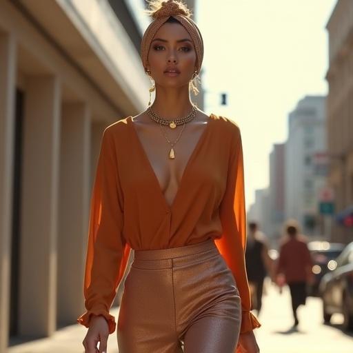 A confident woman wearing revealing, elegant attire in sophisticated colors walks along a sunlit city street. She features subtle jewelry and a modern headscarf. The urban setting highlights vibrancy and fashion. Aiming for a sophisticated and empowering visual aesthetic.