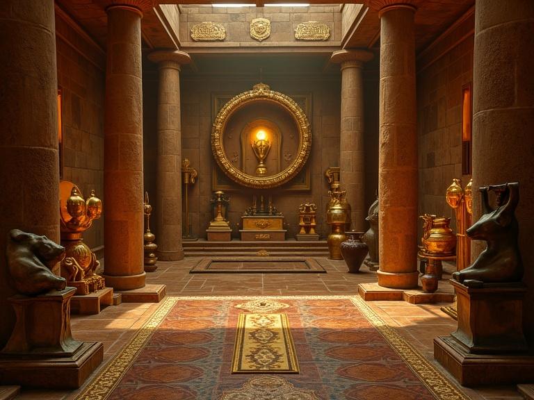 Secret chamber filled with ancient Egyptian treasures and gold artifacts with statues of Anubis and Horus under mystical lighting.