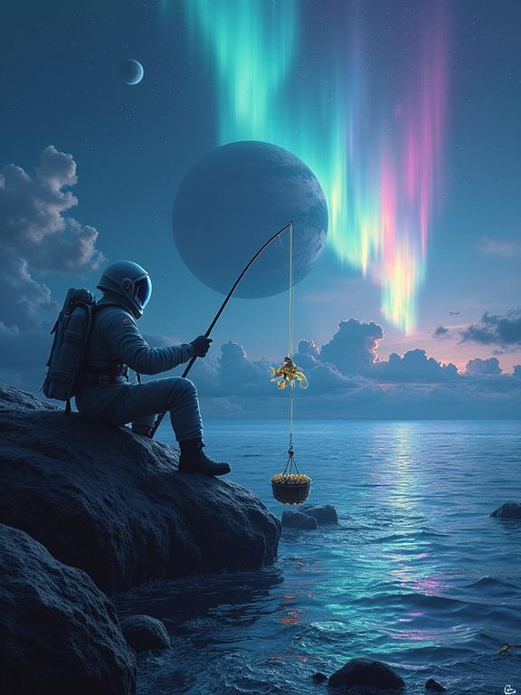 Astronaut sits at the edge of a planetary ring. He is fishing with a line in an ocean of multicolored auroras. His basket contains captured glowing auroras. A giant planet with stormy clouds is in the background. Moons cast shadows on the rings. Ethereal creatures swim through streams of light approaching the hook.