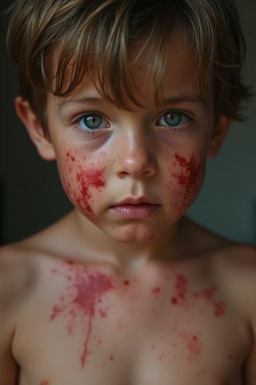 Boy with visible skin rashes on face and body. Realistic details with sharp focus. Face shows emotion. Wide view of boy with natural lighting.