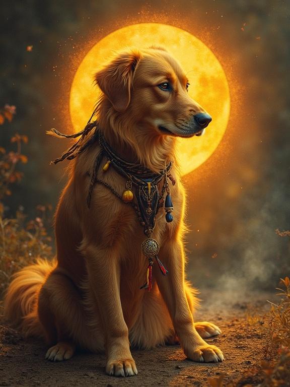 Creative t-shirt design of a golden retriever at a spiritual ritual. Dog adorned with necklaces and symbols. Circular sun in the background creates a mystical vibe.