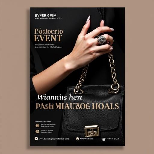 A modern, minimalist fashion event flyer featuring clothing and jewelry. Design includes a photo collage of models wearing haute couture outfits, a couture ring on an elegant hand, and a haute couture leather handbag. Bottom section for Instagram icons and website details. Moody color scheme.