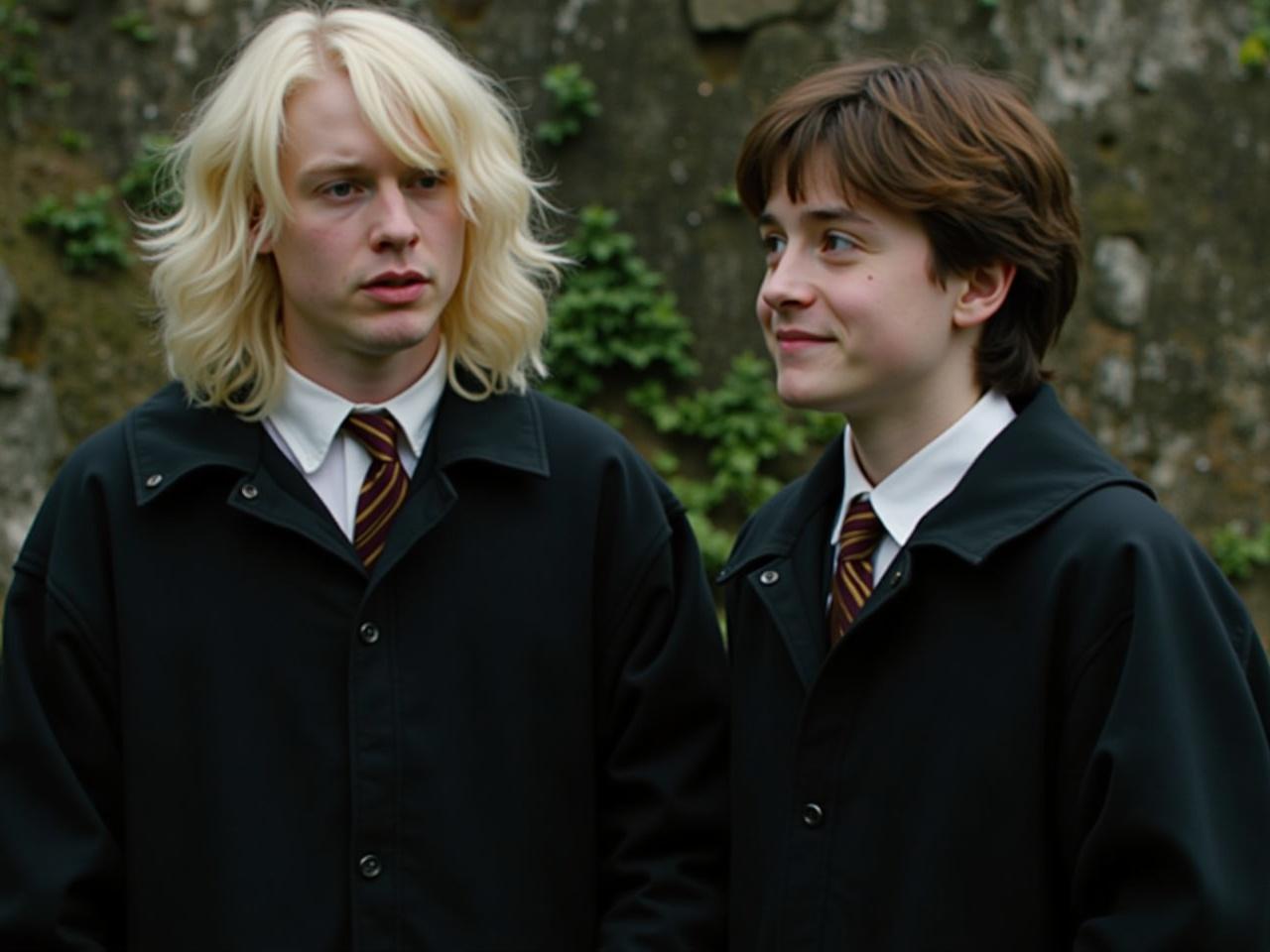 The image features two young male characters, portrayed as Draco Malfoy and Harry Potter from a popular fantasy series. They are wearing black coats and school uniforms, with strikingly different hairstyles. Malfoy has long, blonde hair while Harry has a shorter, darker hairstyle. The scene evokes a sense of camaraderie amidst their rivalry. The background shows greenery, suggesting an outdoor setting, likely near Hogwarts. The expressions on their faces indicate a moment of understanding or reflection between them.