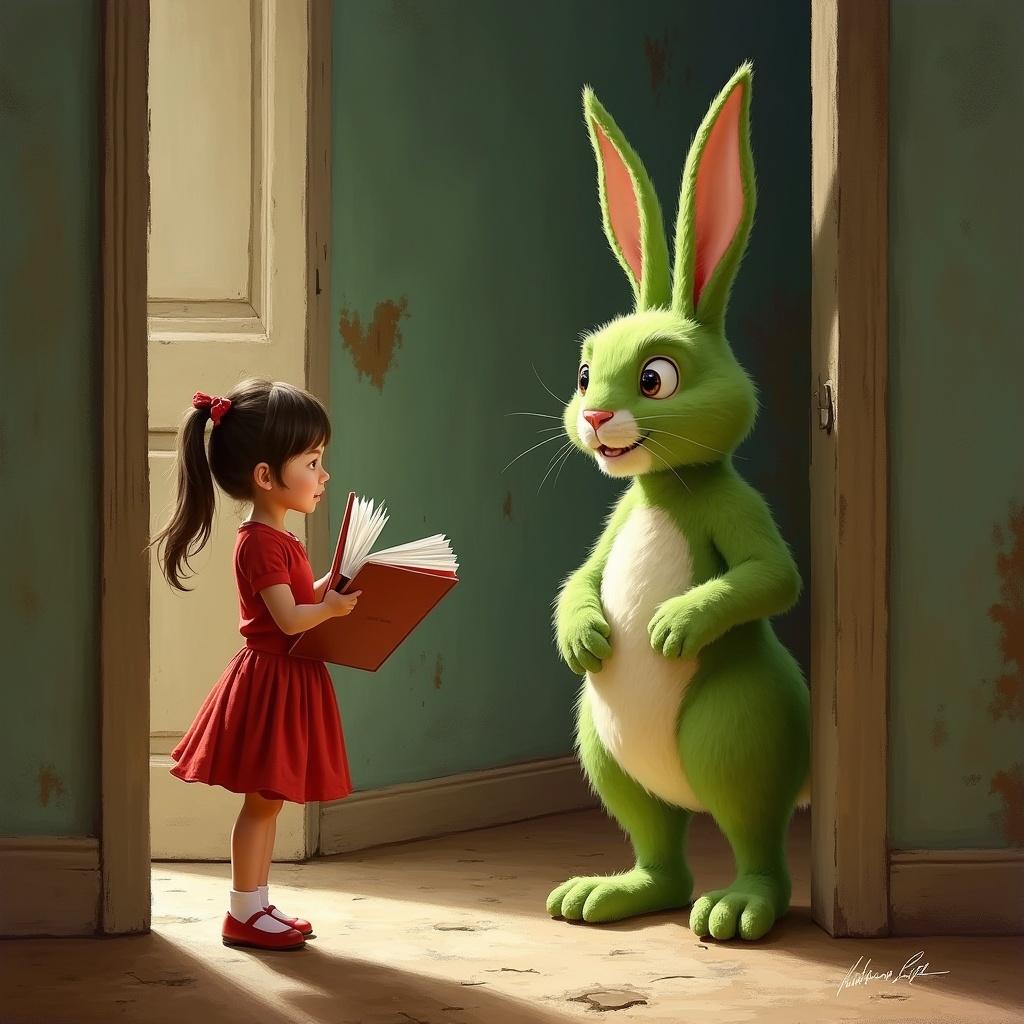 Young girl stands in doorway. She holds open book. She looks at large green anthropomorphic rabbit. Rabbit stands on two legs.