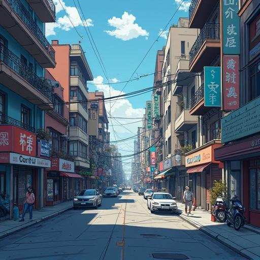 City depicted in anime style featuring low population density. Streets lined with buildings, clear blue sky overhead, focus on urban architecture.