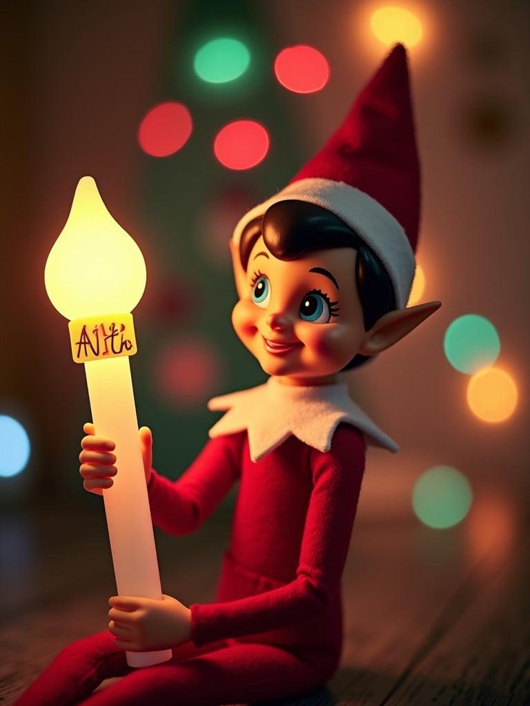 Elf character holds glowing candle. Elf is joyful and waving. Christmas setting with colorful lights.