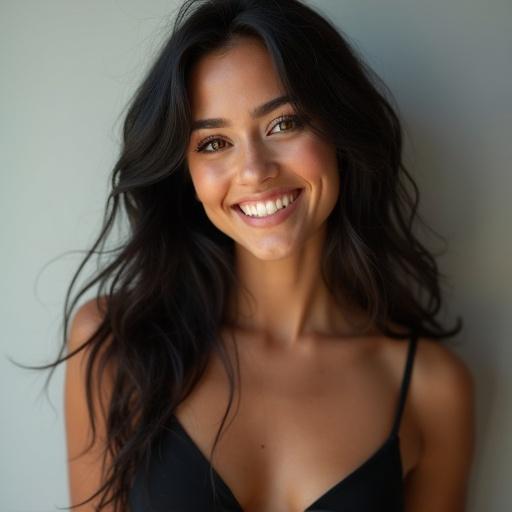 Portrait of a beautiful woman with black hair and brown eyes. She is smiling and standing in natural light. The image has an ultra realistic quality.