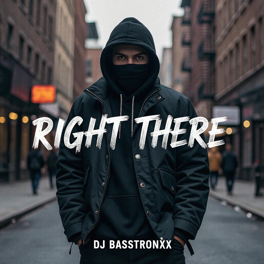 Dark RGB artistic gritty street hip hop album cover with text. Main subject is a figure in a hoodie and mask in an urban setting. Background features city street with dim lighting. Text is in stylish writing.