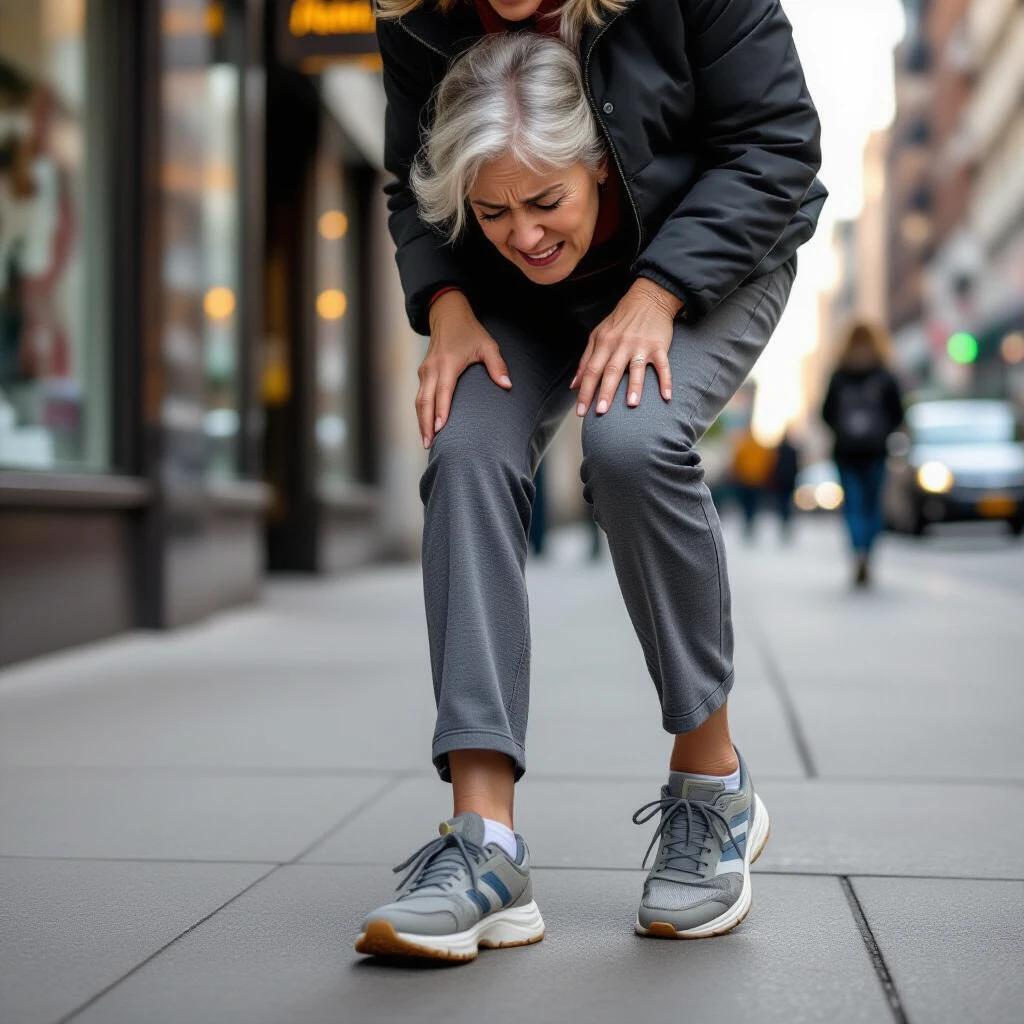 A 50+ year old white woman grimacing in pain while standing on a city sidewalk. She wears outdated poorly cushioned shoes with worn soles. Her posture shows discomfort as she shifts her weight and lifts one foot. The background shows a busy urban setting with a focus on her expression and painful feet.