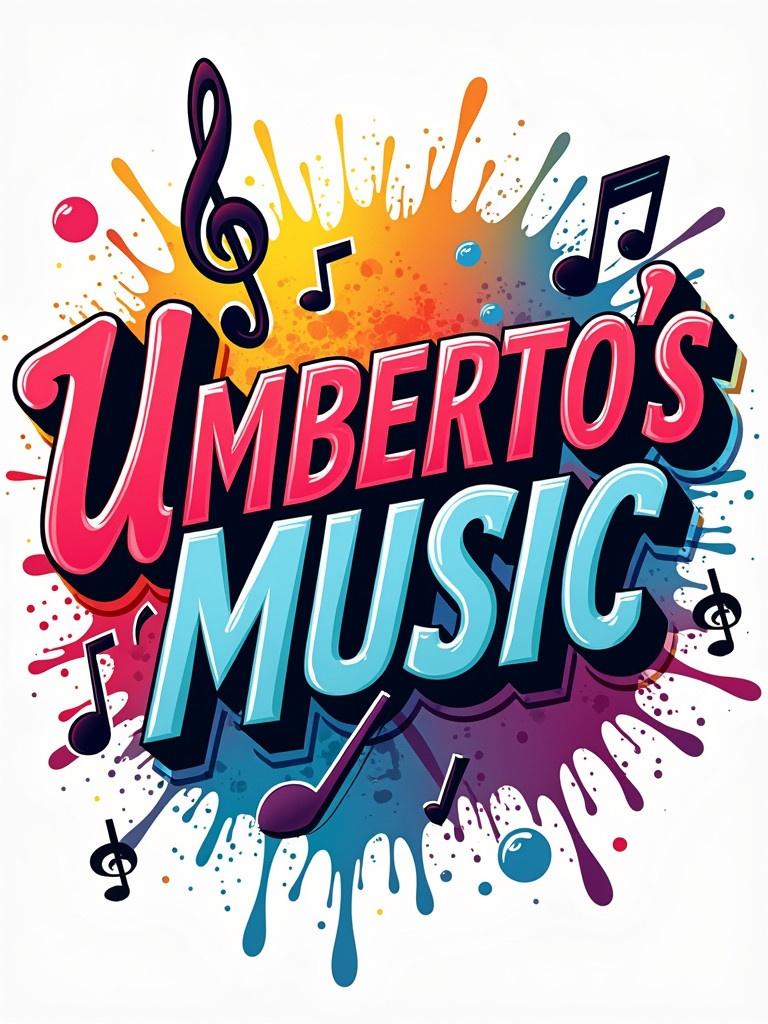 Illustration features the words Umberto's Music in bold font. Surrounding text are musical notes and symbols. Background has a colorful splash design. Overall design is energetic and engaging.