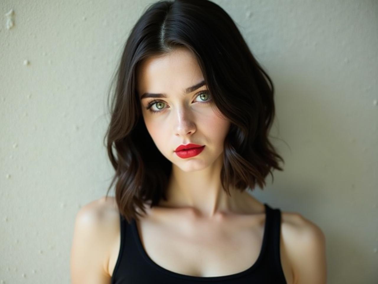 The image features a young woman with dark, shoulder-length hair and a serious expression. She has light skin and striking green eyes. The girl is wearing a simple black tank top that shows her shoulders. Her lips are painted a bold red color, giving a pop of vibrancy to the image. The background is soft and slightly textured, adding to the overall minimalist aesthetic. The lighting appears natural and soft, highlighting her facial features without harsh shadows. She gazes directly at the camera, creating an engaging presence.