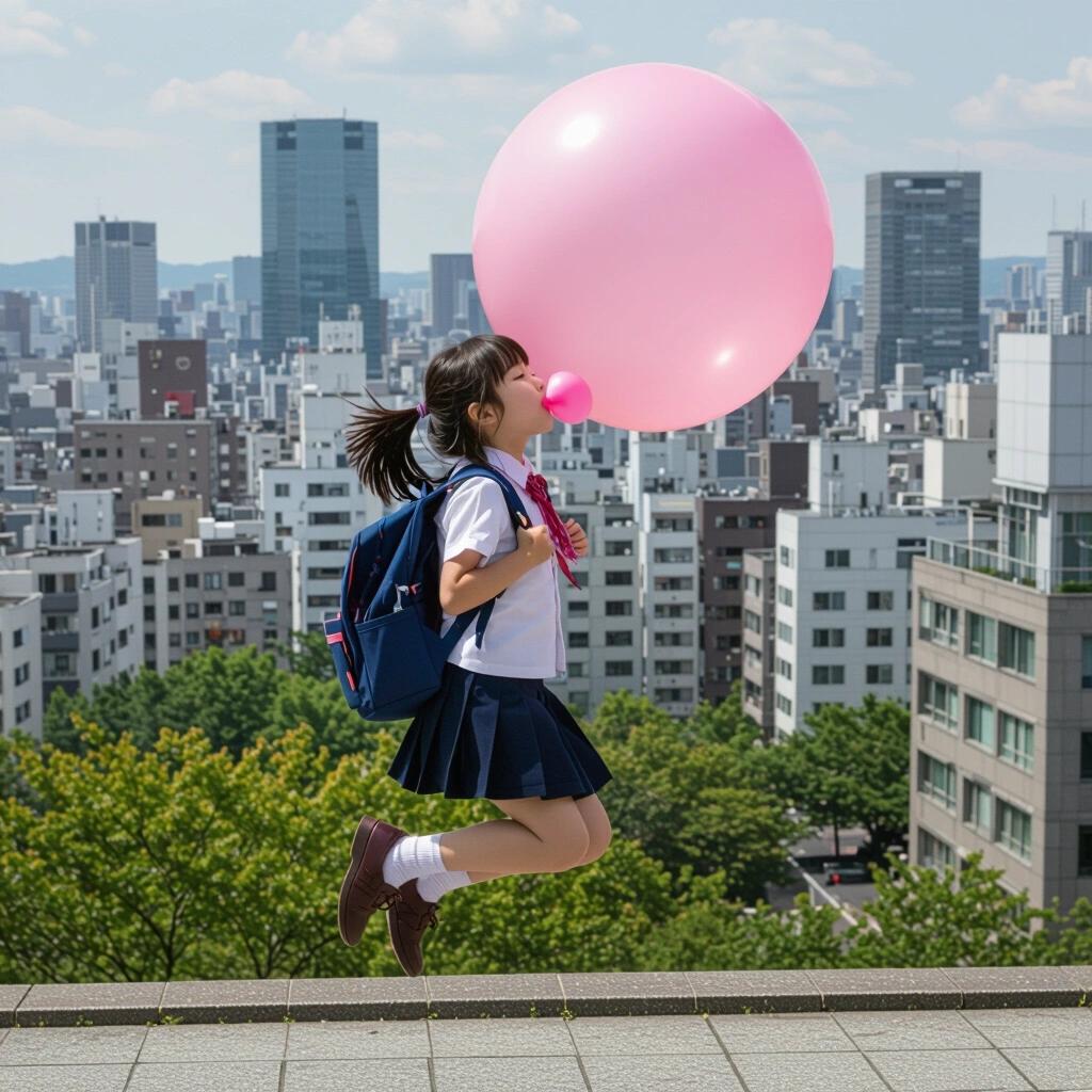 Young Japanese schoolgirl wearing a backpack and miniskirt. Chewing pink bubble gum while blowing a massive pink bubble. Jumping high in the air with feet off the ground. Surrounded by urban scenery above city buildings.