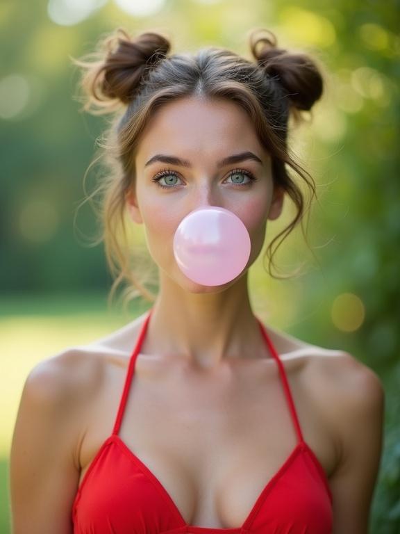 Full-body photograph of a woman blowing a large bubblegum bubble. She has a fair complexion, light blush, and striking light blue eyes. Hair styled in two high messy buns, wearing a bright red bikini. Background is a blurred garden with soft natural light.