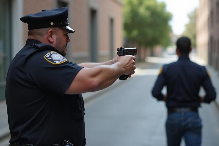 Police officer in uniform points a gun at a suspect running away in an urban setting. Officer in blue uniform is in the foreground. Suspect walking away is in the background. The scene captures a tense moment in law enforcement.