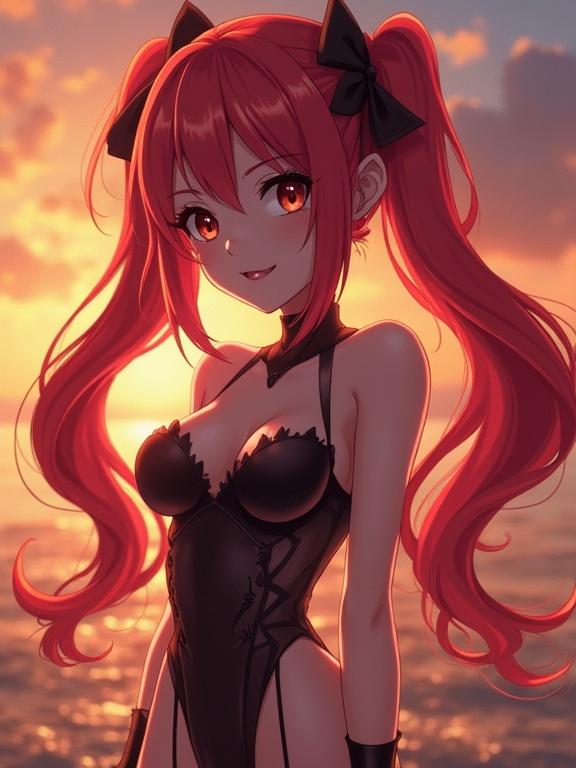 Anime character with long red hair in a black outfit by the ocean during sunset