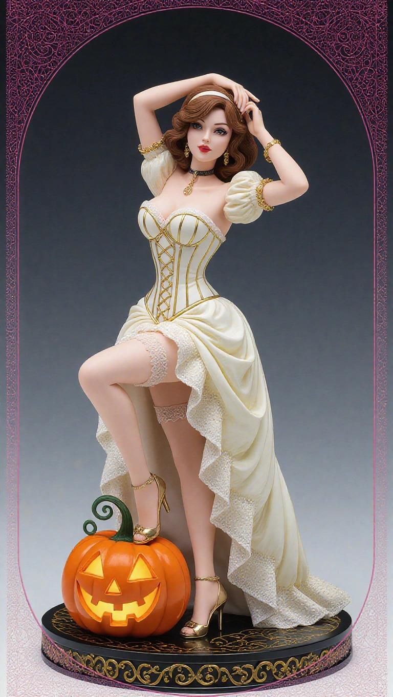 Ultra-detailed resin figure inspired by Cinderella. Sensual woman with curvaceous body and fair skin. One leg forward on decorative magic pumpkin. One hand brushing back hair and the other resting on thigh. Revealing garter belt and back slightly arched. Tight corset with sweetheart neckline in ivory with gold. Short skirt of soft, ripped tulle. Mid-thigh stockings with visible garters and fancy heels. Long hair falling down back, creating movement. Base includes broken decorative pumpkin, floating petals, half-open pocket watch, and crystal fragments. Feminine, sensual, and fantastical style with strong visual presence.