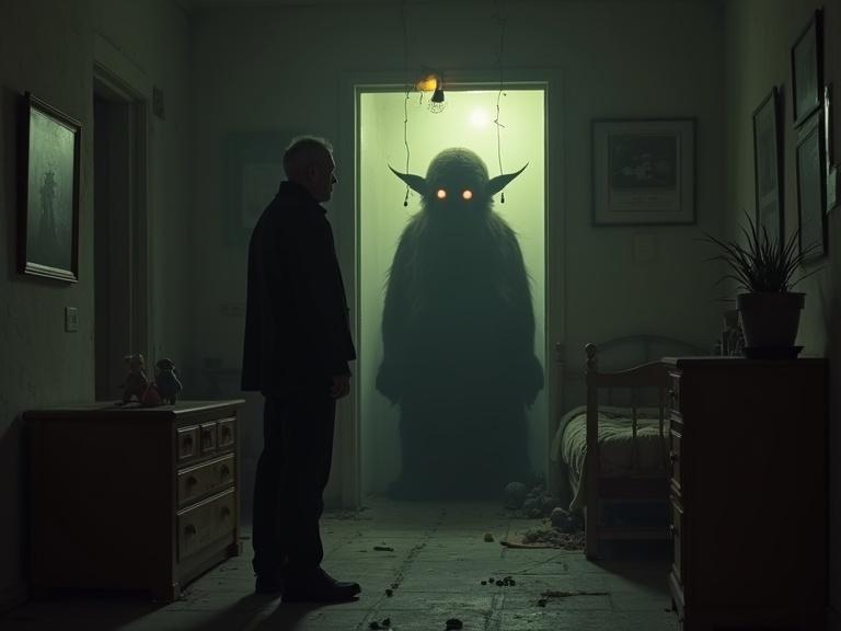 Iyad, a detective in his fifties with calm features, stands in an old childhood bedroom. The room is dark with scattered toys, a small bed, and a dim yellow light from a broken lamp. A large shadowy creature with ember-like eyes stands before him. The atmosphere is eerie and nostalgic, with pale, cracked walls.