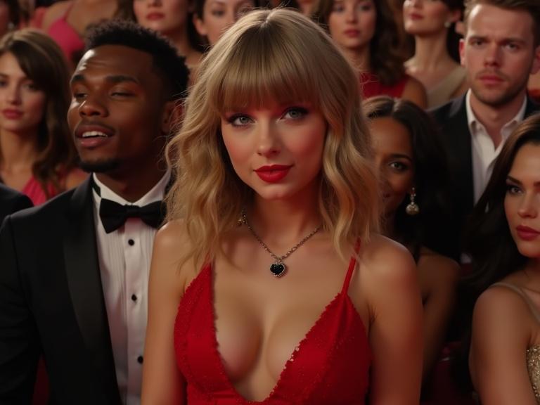 Photorealistic image of a young slender woman in a red prom dress. The woman has a deep cleavage and wears a black queen of spades pendant. She is sitting in the front row of an awards show. The setting is full of excitement. The crowd is elegantly dressed and focused on the stage.