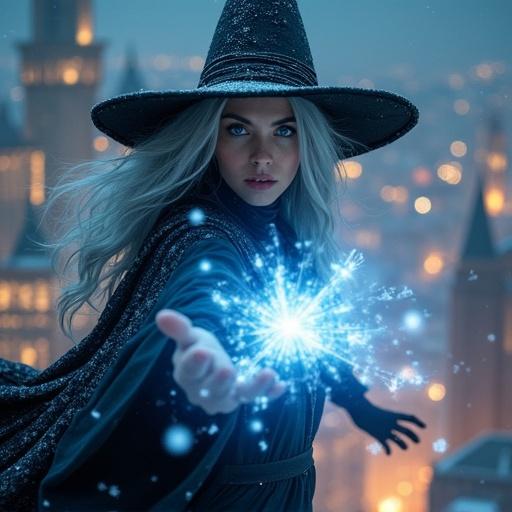 Young witch with long silver hair wearing a black hat. She flies towards the camera. Dark flowing robe with details. Hand outstretched with icy magic. Shards of magic in the air. Night cityscape in background. Warm lights contrasting with cold magic. Snow gently falling. Dramatic and enchanting mood. High detail and cinematic lighting.