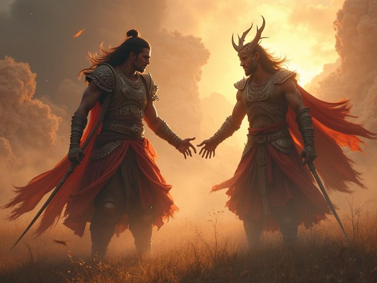 A fierce battle between two mythological figures is shown. Nahusha is brilliant and wise. Hunda appears tall and charismatic with sharp features and deceptive charm. Hunda's true demonic nature is hidden beneath his royal appearance. Both characters are in a dramatic battlefield setting at sunset.