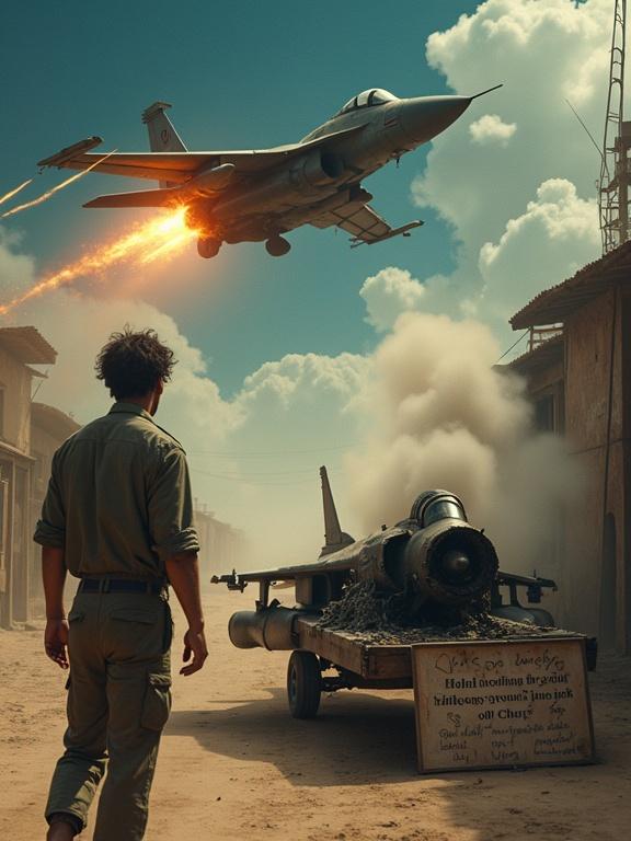 A fighter jet caught fire and begins to fall during a night scene. The scene shifts to a bright morning in a dusty alley. A man with messy hair and torn clothes stands next to a burned fighter jet on a wooden cart, crying hopelessly. Smoke rises from the wreckage. A hand-painted sign is visible.