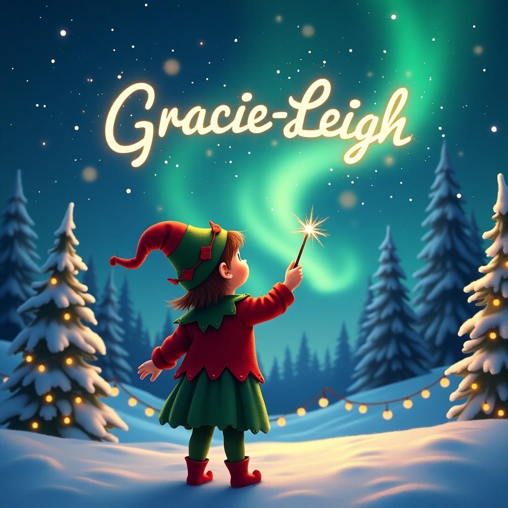 A child dressed as an elf stands with their back to the viewer, gazing up at the night sky. They hold a wand, using it to create the name Gracie-Leigh in the air, surrounded by sparkles. The scene is set in a winter landscape, featuring snow-covered trees and twinkling lights. The sky is illuminated by beautiful northern lights, creating a magical atmosphere. The entire composition exudes a cheerful and festive vibe, perfect for the holiday season.