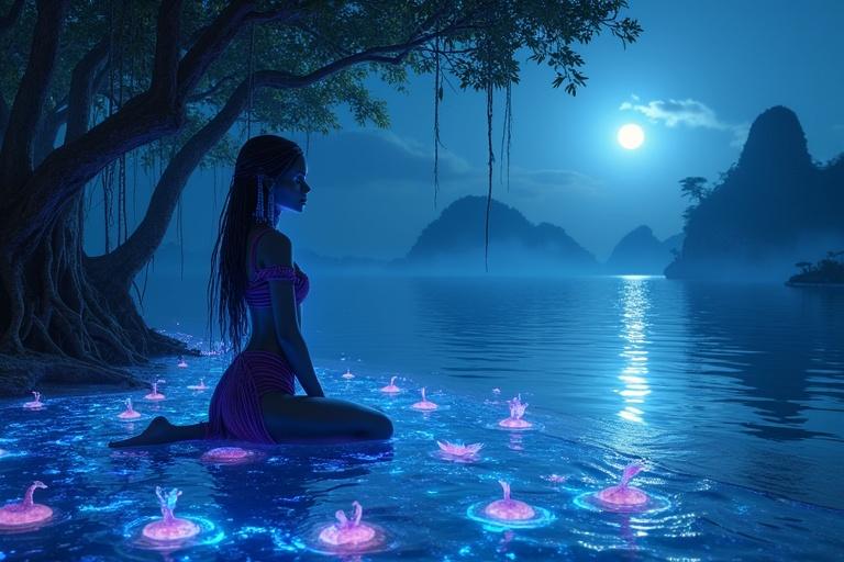 In a glowing mangrove grove beside ocean bay bioluminescent roots twist through crystal-clear shallows. Tall graceful blue Na’vi woman with radiant stripes kneels barefoot among coral-lit waters. Lean curvy figure wrapped in woven chest net flowing purple loincloth sings gently. Around Na’vi children gather echoing her voice glowing sea creatures respond with soft pulses of light. Moon shines through mist and distant floating peaks silhouette enchanted horizon.