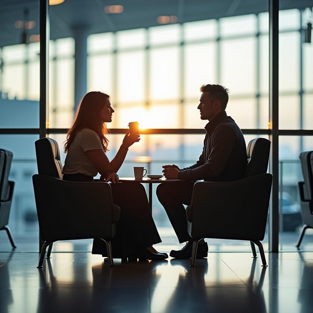 A couple sits in an international airport enjoying coffee together. They are waiting for transfer services. Natural light creates a warm atmosphere during sunset. Focus on their relaxed demeanor.