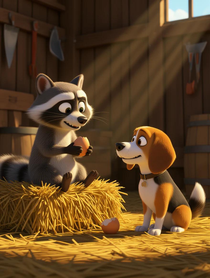 A cartoon raccoon sits on a pile of hay. He holds a half-cracked egg. A beagle looks at him firmly. The barn is detailed with tools and shadows. Warm light filters through the wooden planks. The style is Pixar-inspired 3D animation.