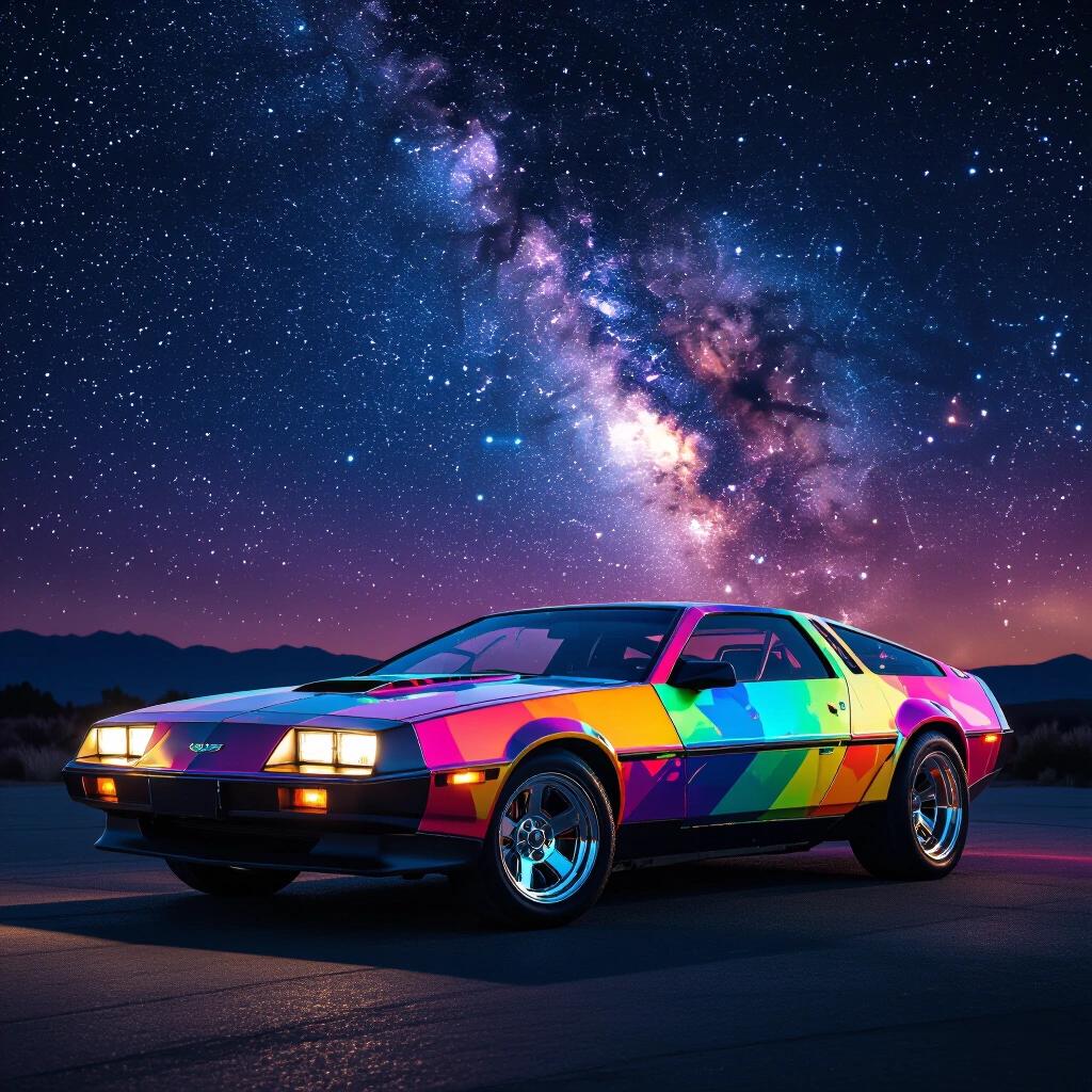 A brightly colored futuristic low rider car parked in a dark setting. The car has angular designs and features a vibrant paint job. The background features a stunning nebula sky filled with stars and the Milky Way.