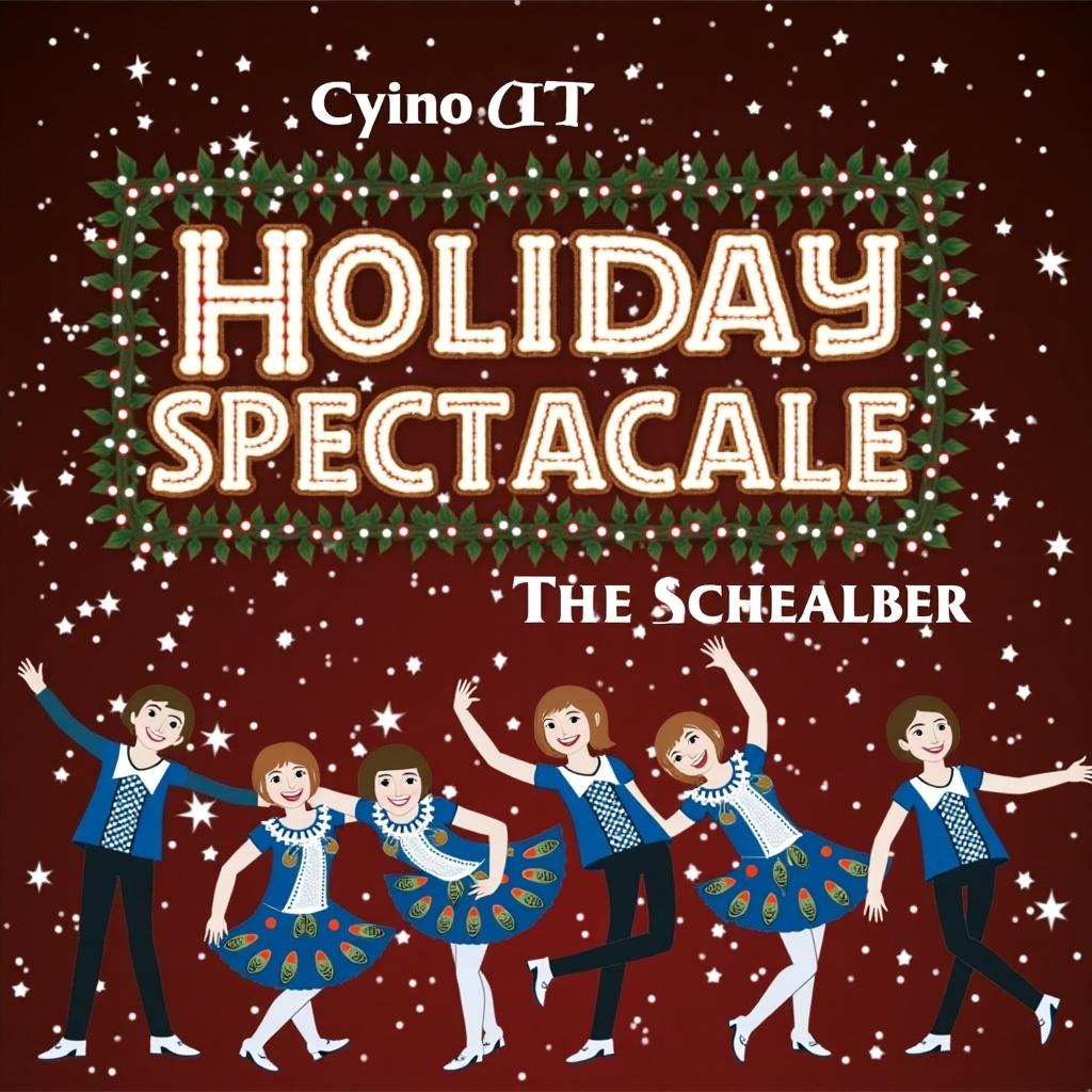 The image depicts a promotional graphic for the 'Holiday Spectacle' event by CTE. It features a vibrant background with a festive red and green color scheme, adorned with lights. The main title, 'HOLIDAY SPECTACLE,' is prominently displayed at the top in bright, illuminated lettering. A group of cheerful dancers, dressed in colorful costumes, showcases lively poses in the center of the image. This illustration captures the excitement and joy of a holiday-themed performance, aimed at inviting families and communities to the event.