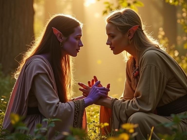 Two fantasy elf characters in a natural outdoor setting during golden hour. One elf has purple skin and is draped in a cloak while kneeling. The second elf has tan skin and is lying on her back wearing flowing robes. The atmosphere feels mystical and surreal.