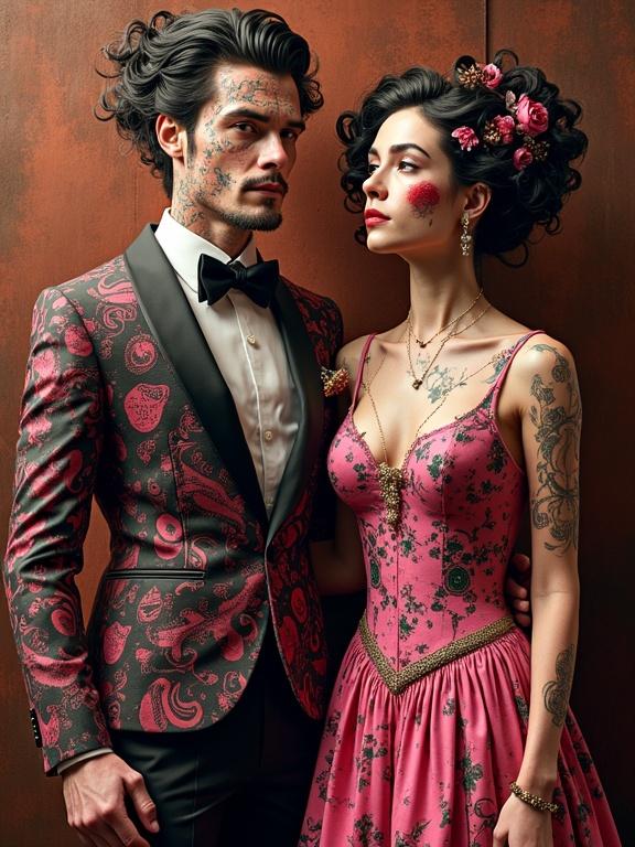 A couple dressed in eccentric pink and black attire. They have intricate tattoo patterns. The background features shades of brown and red. The style is hyper-detailed resembling Kandinsky and Studio Ghibli art.