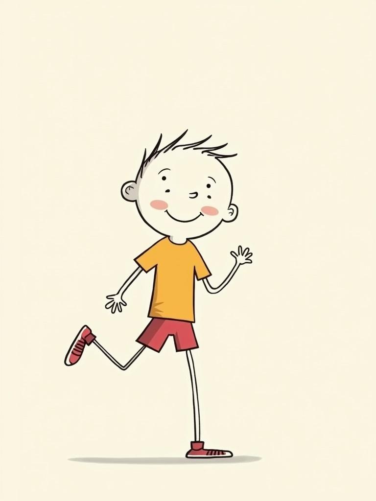 Minimalist line drawing of a funny child running. Full length character with short hair and a big smile. Wearing an orange shirt and red shorts. Simple background. Ideal for fitness themes.