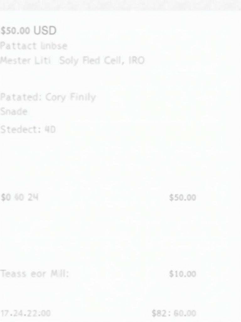 Example of a transaction receipt. Payment amount $50.00 USD. Details include sender and recipient information. Various transaction notes,