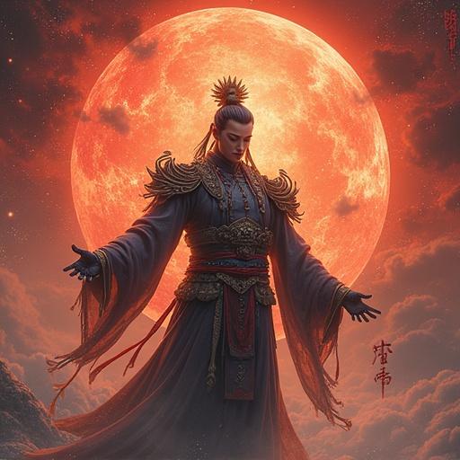 Depicts a mythical warrior in ornate armor standing before a large red moon. The figure exudes a strong presence, embodying themes of heroism and Asian mythology.
