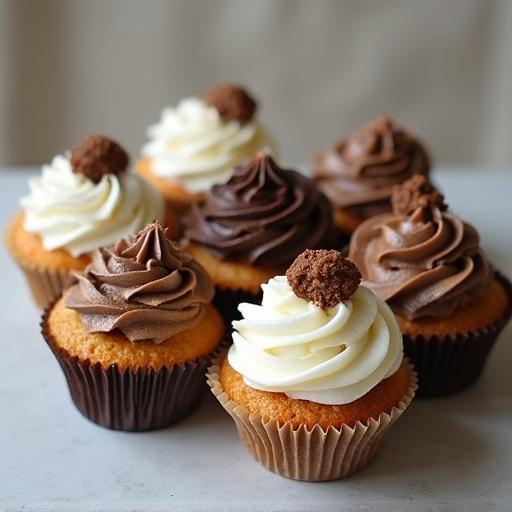 A variety of decorated cupcakes. Flavors include chocolate and vanilla. Cupcakes topped with swirls of frosting and a chocolate truffle on top. Perfect for Father's Day celebrations.