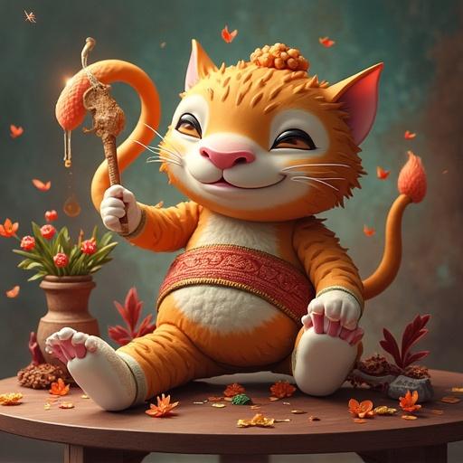 A cartoonish cat character sits happily, holding a stick. The cat has an orange fur coat, big eyes, and a playful expression. Surrounding the cat are colorful autumn leaves and decorative elements. The background is warm and inviting.
