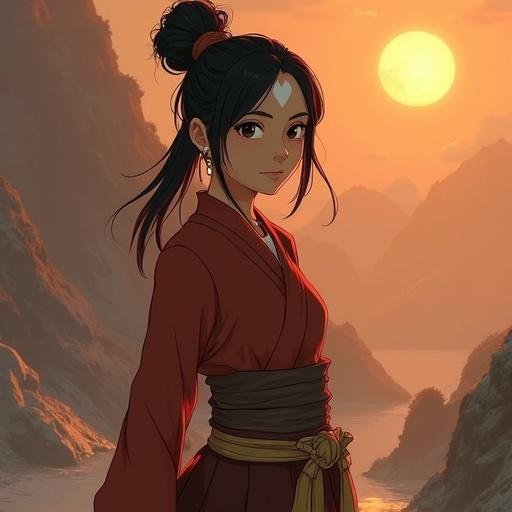 An anime-style character standing in a sunset setting wearing traditional attire. The scene is peaceful with a mountainous background. The colors are warm and inviting.