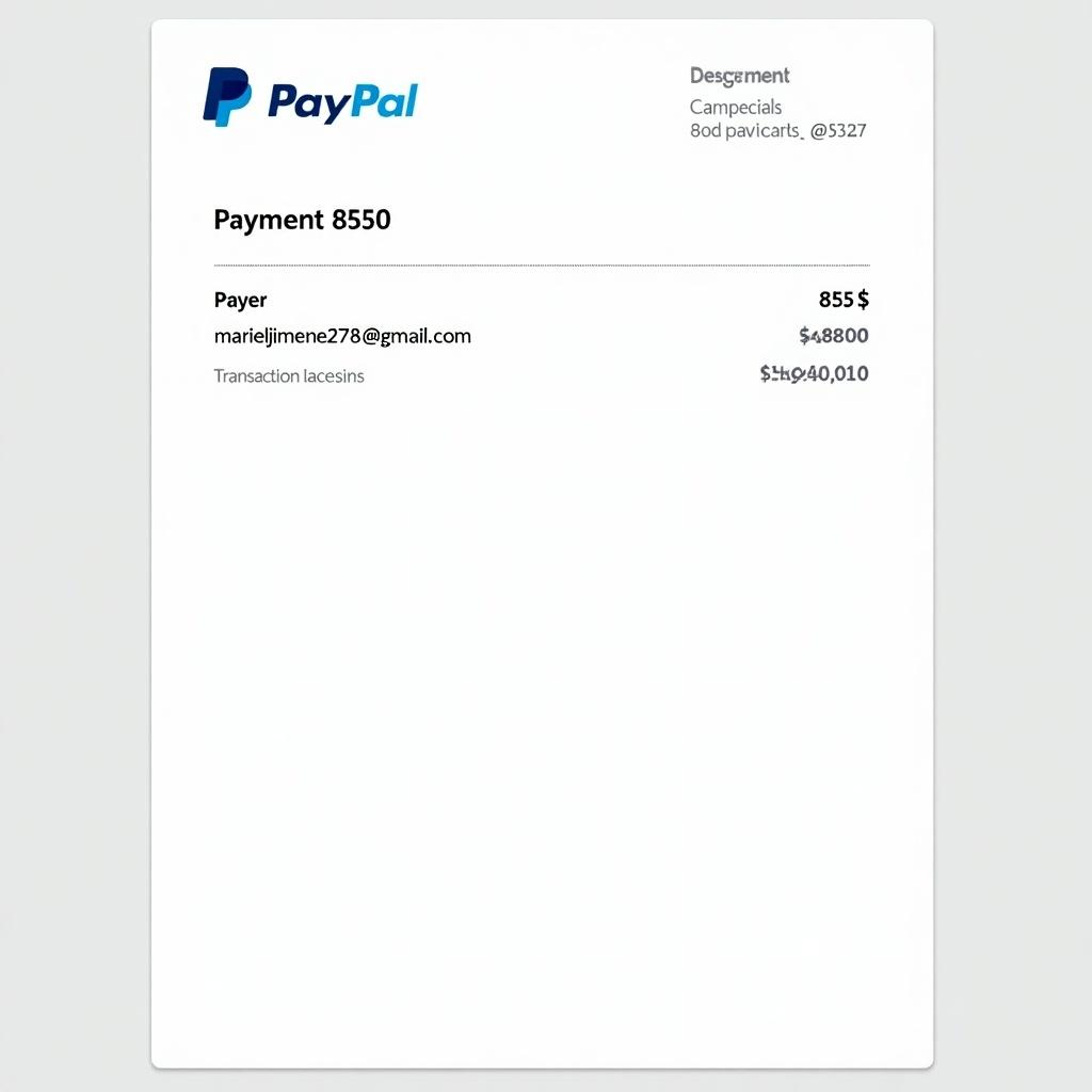 PayPal payment receipt. Shows transaction for 85 dollars. Includes payer details. Displays PayPal logo and transaction number. Clean, suitable for online payments.