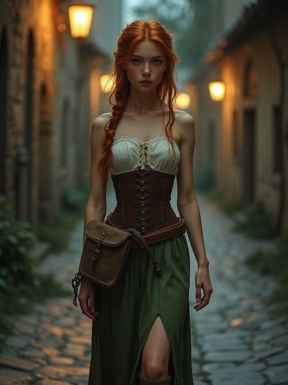 Photorealistic image featuring a teenage girl with long copper hair in a corset dress walking through a shadowy medieval street at night.