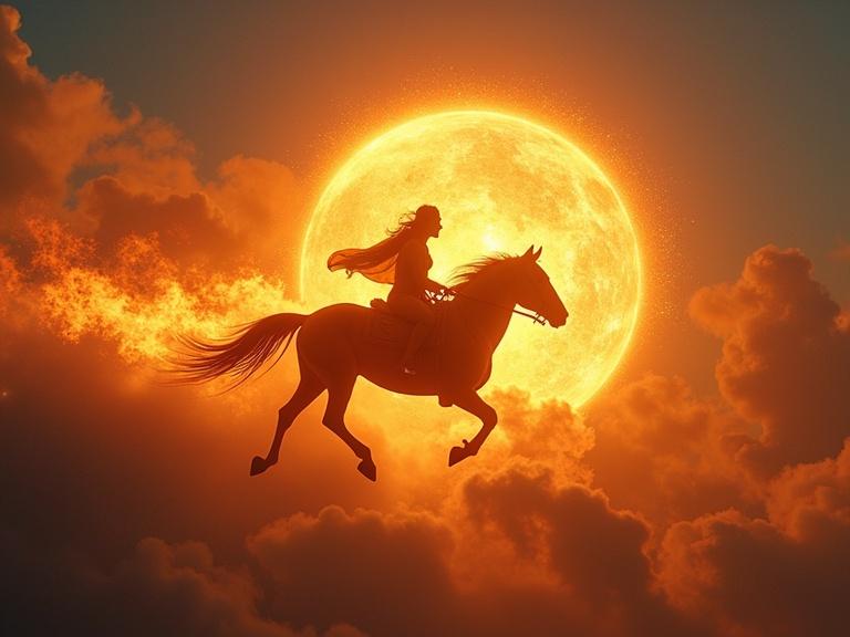 A woman riding a horse against the backdrop of a large sun setting in a cloudy sky. Scene filled with vivid colors of orange and yellow.