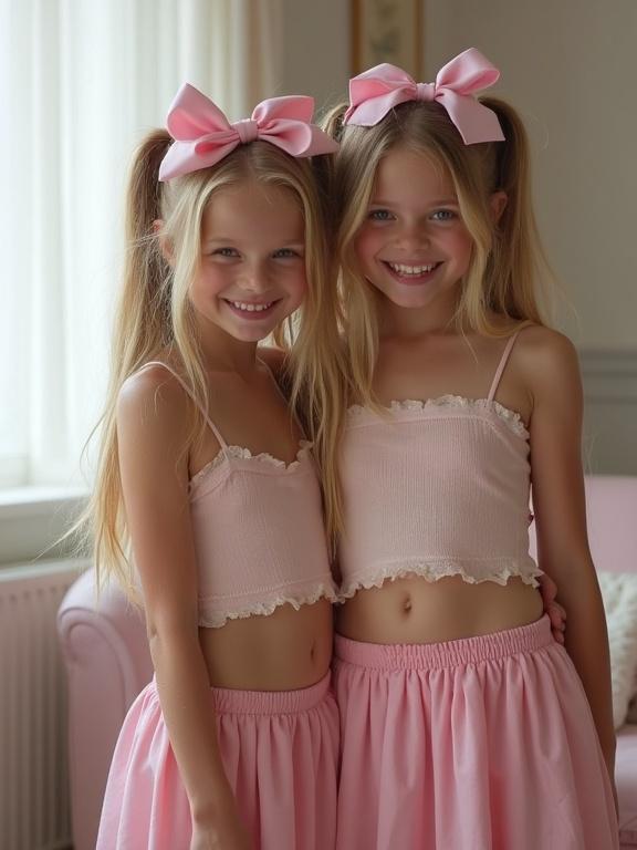 Two girls at a birthday party. They have beautiful faces with blonde hair styled in long twin tails. Pink bows are in their hair. They are smiling and wearing matching pink outfits. The setting is a living room with soft lighting. The image has a low resolution with over-saturated colors.
