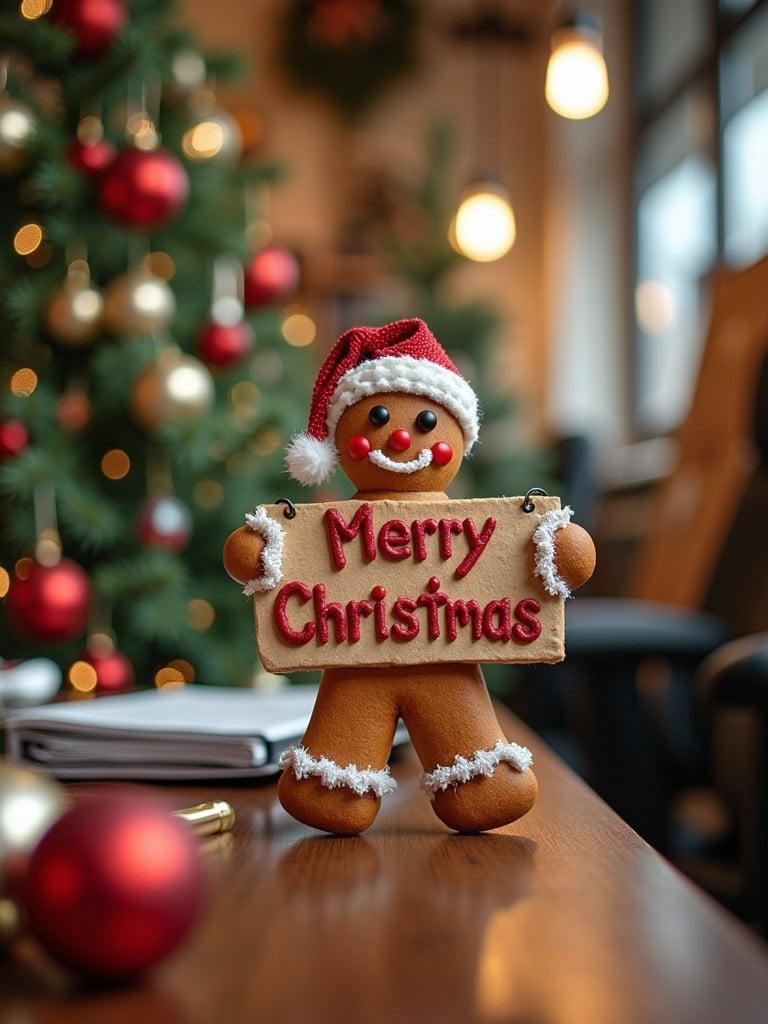 An office with Christmas decorations. A gingerbread man holds a sign that says Merry Christmas. A Christmas tree in the background. Ornaments and festive decorations around.