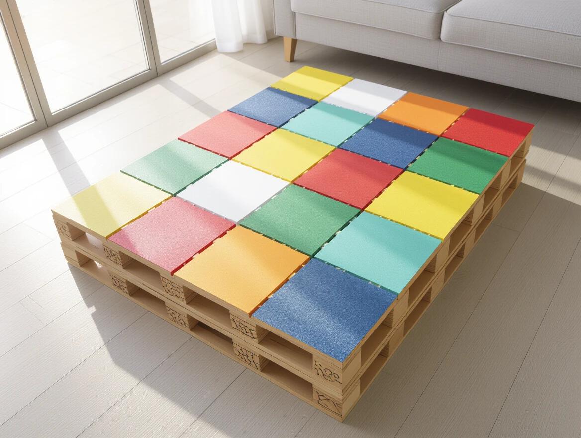 Colorful compact boards arranged on a wooden pallet in a well-lit room. Show a variety of color options. Highlight the use of high-quality materials for durability. Image should emphasize the modern design and application for outdoor use.