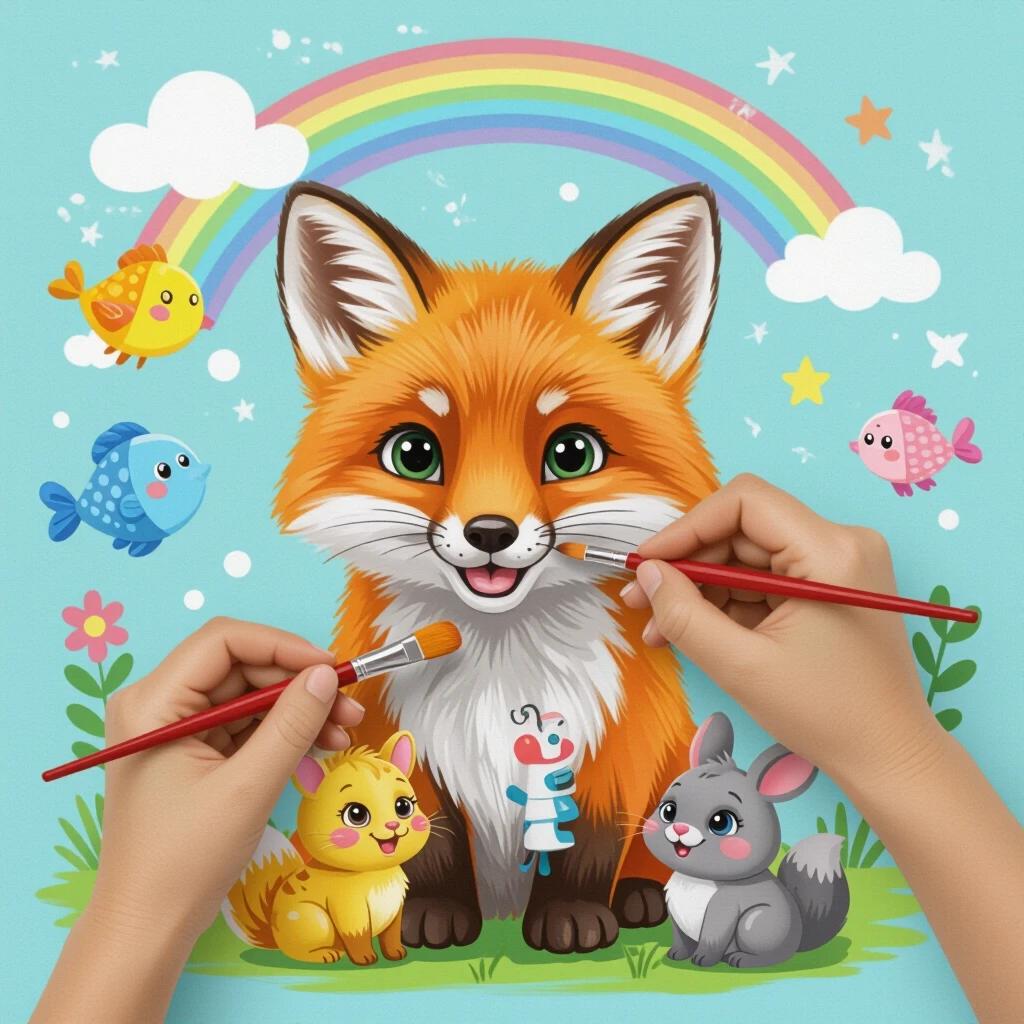 Hands coloring a cute drawing of cartoon animals. Colorful rainbow in the background. Playful scene with happy animals such as a fox rabbit fish and kitten. Ideal for children's art and creativity themes.