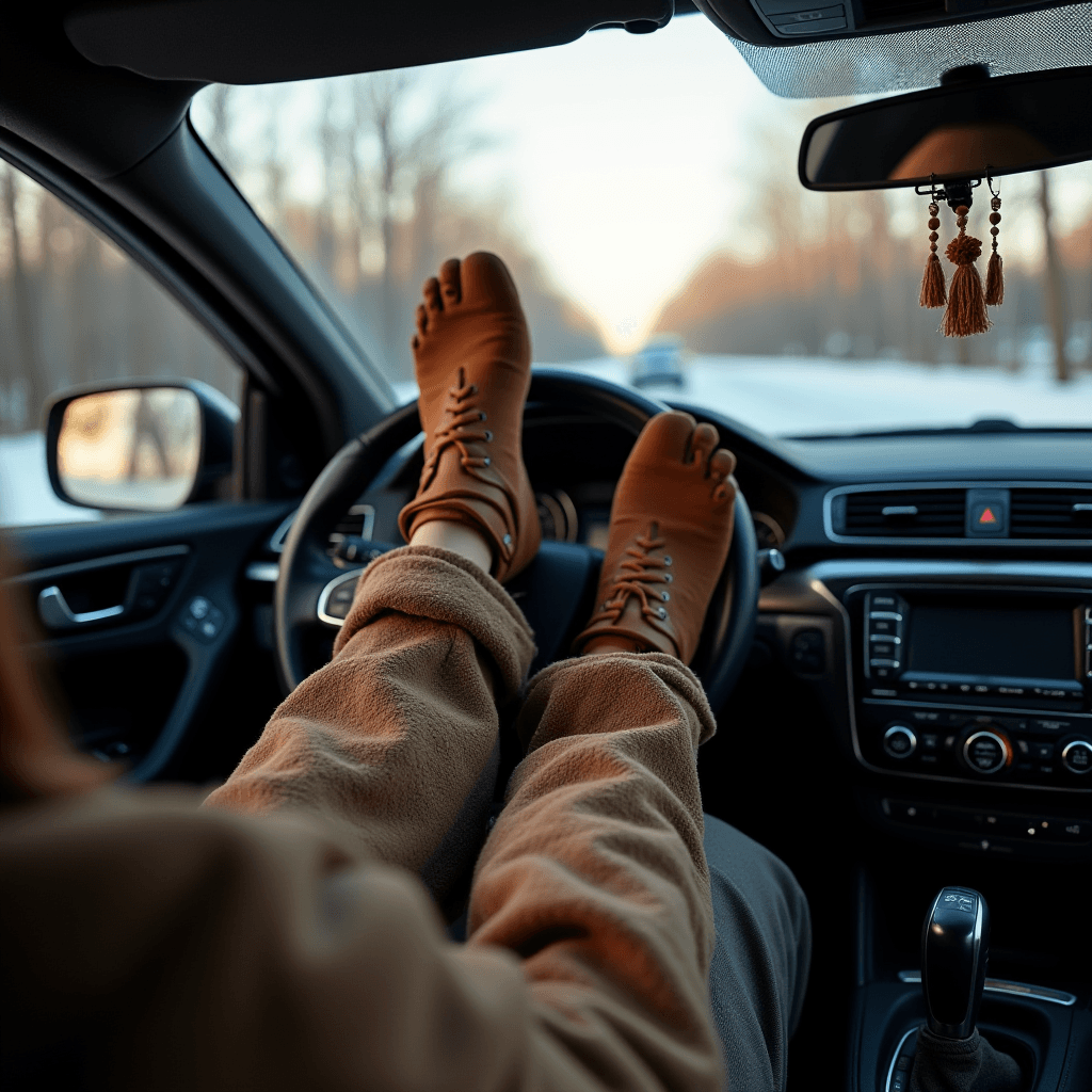 A relaxed person in a car with unique shoes resting on the steering wheel.