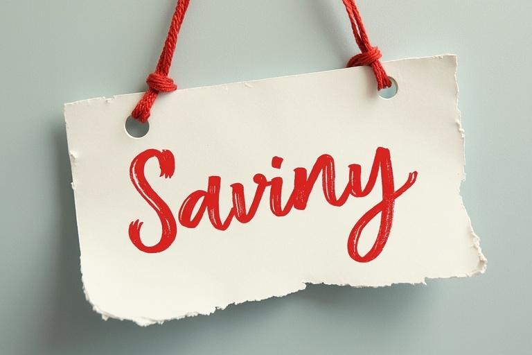 Paper sign with the word Saving in red handwritten font. Sign is slightly torn. It hangs by a red string against a light blue background.