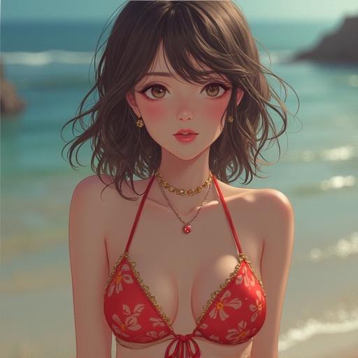 Cute deformed style female character in a bikini at the beach. Brown bob hair, smiling expression, vibrant summer setting. Summer fashion aesthetics with playful vibes.