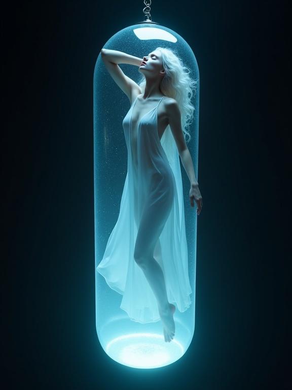 Photograph features a translucent capsule. A pale-skinned woman floats inside. She has long white hair and wears a flowing blue dress. The dress is semi-transparent. The background is dark and the capsule glows blue. The image has a sci-fi and calming aesthetic.
